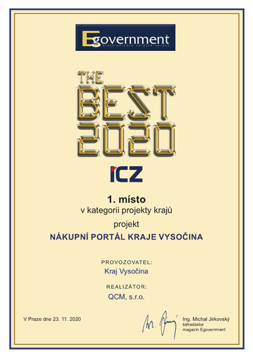 1. místo Egovernment The Best 2020 - kategorie kraje