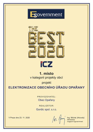 1. místo Egovernment The Best 2020 - kategorie obcí